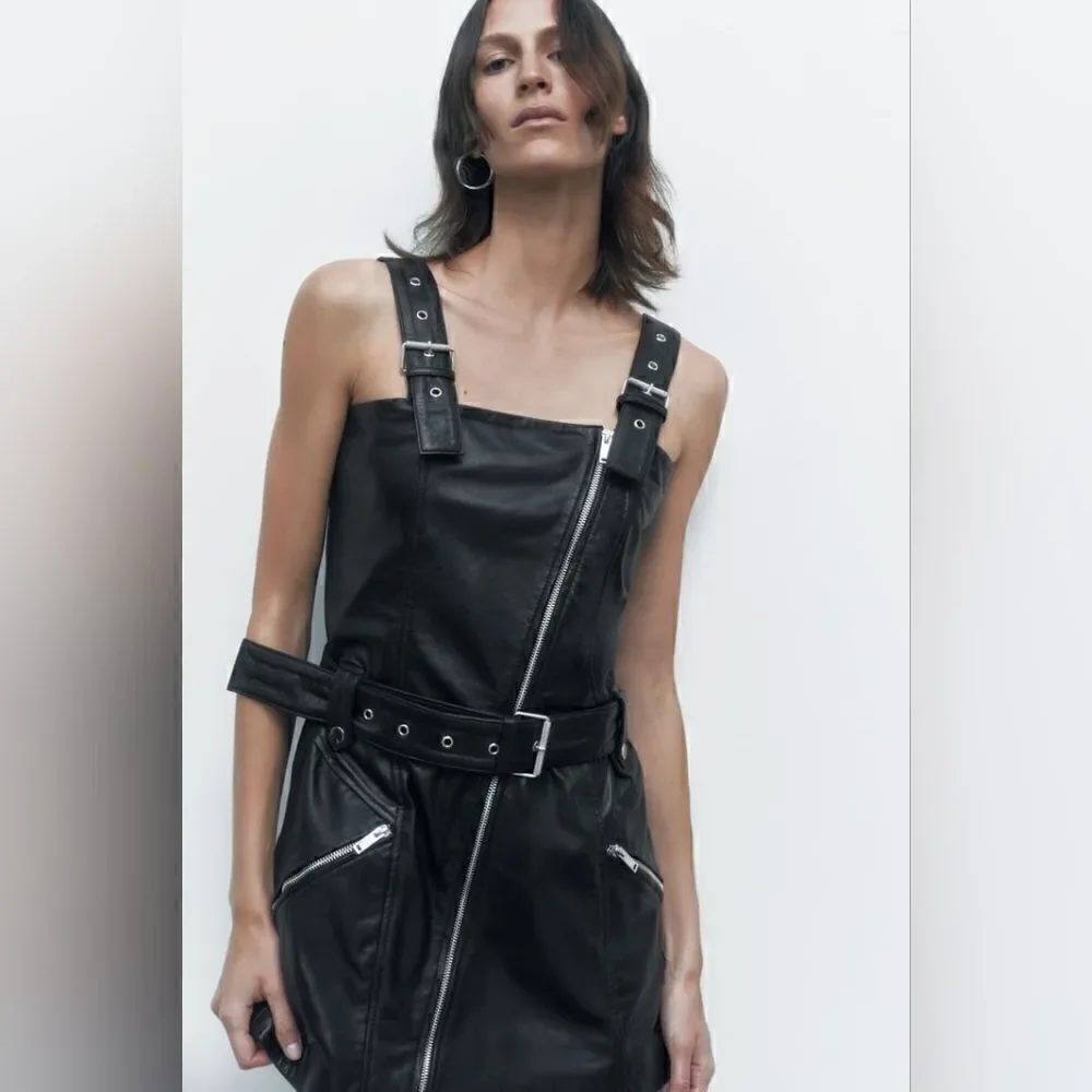 100% SHEEP LEATHER GENUINE PURE LEATHER MOTO DRESS ZARA